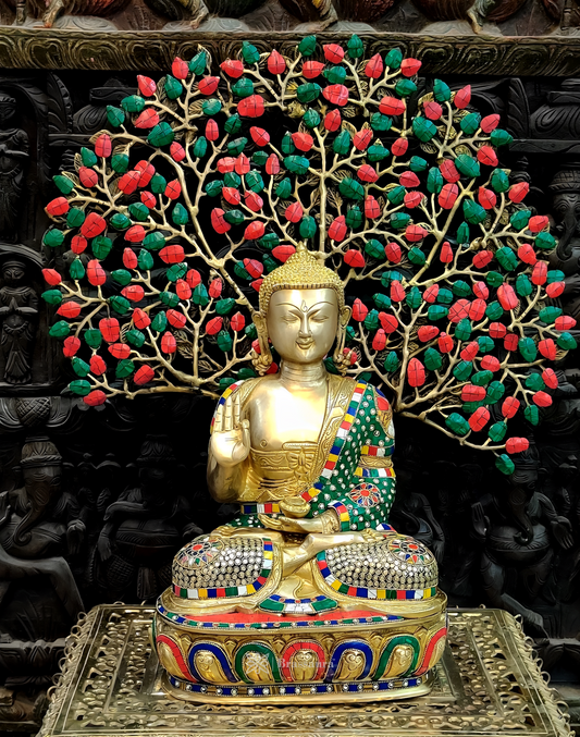 Brassaura® Buddha Sitting in Blessing Pose with Kalpavriksha & Multicolor Stonework | Pure Superfine Brass Handcrafted Murti | Brass Statue for Home Temple, Pooja Room | Height 25.5 Inches | Weight 19.5 Kgs
