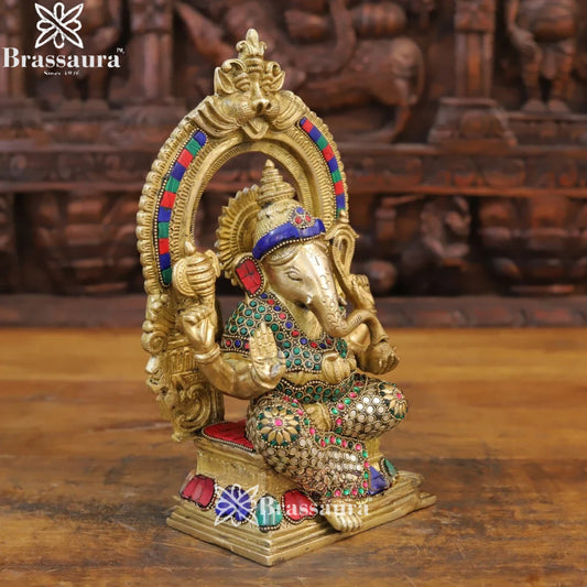 Brass Gem Stone Work Ring Ganesha Weight 4.32 Kg & Height 12 Inch