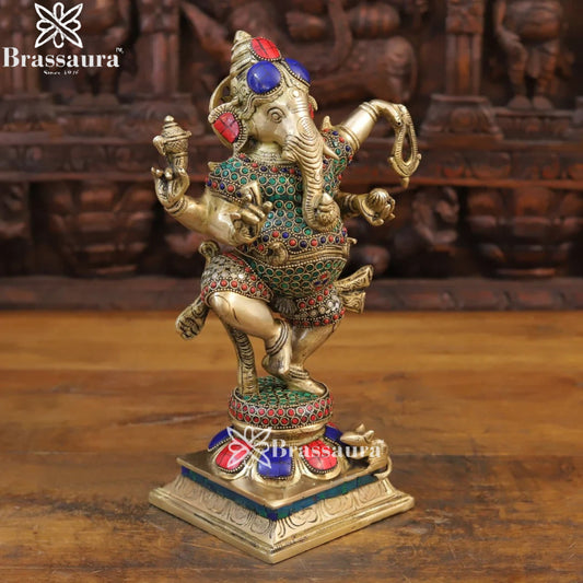 Brass Gem Stone Work Dancing Ganesha Weight 6 Kg & Height 13.5 Inch