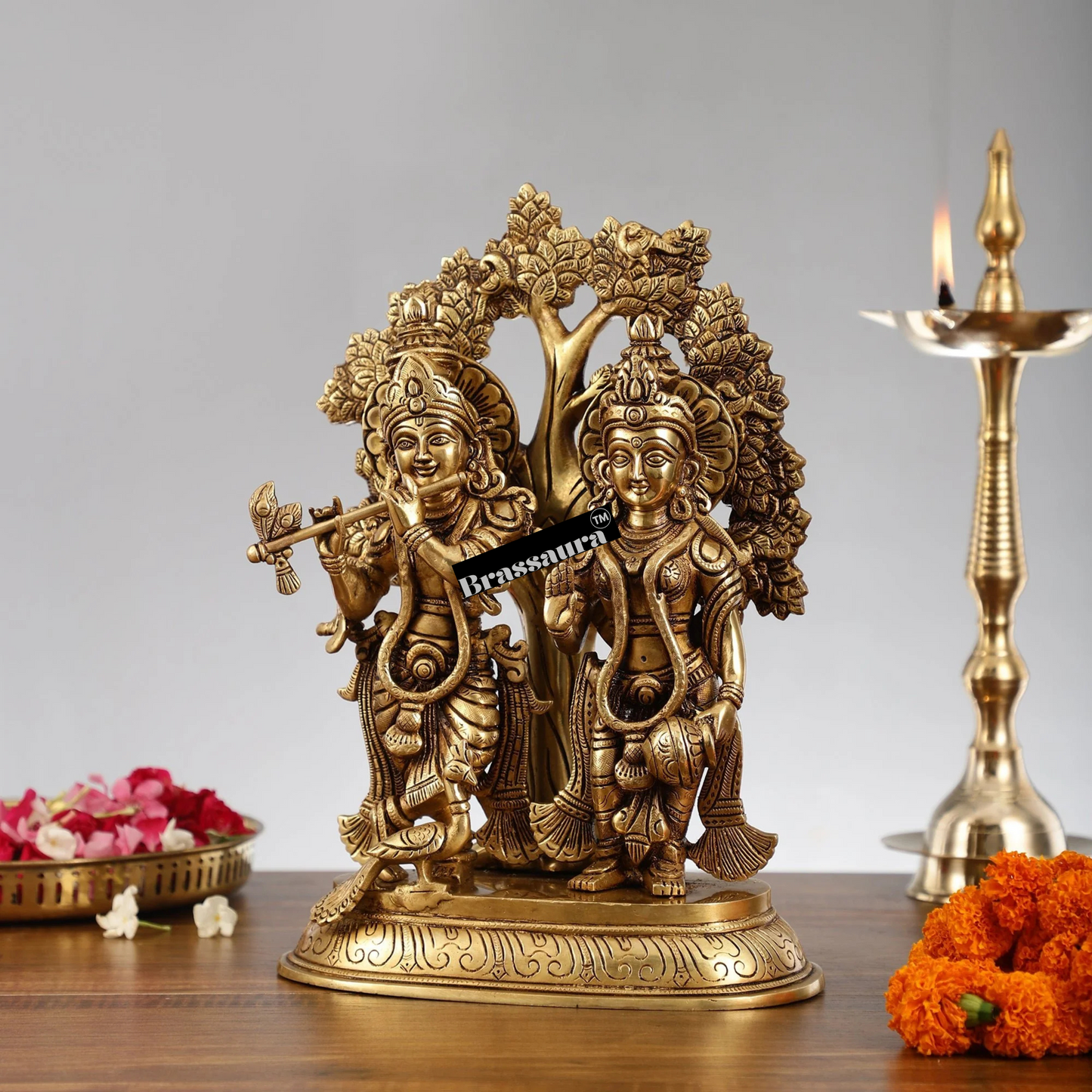 Brassaura™ Superfine Brass Radha Krishna Idols with Kalpavriksha & Peacock – Height 14 Inches & Weight 7.59 Kgs | Devotional Pair