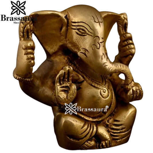 Brassaura Brass Ganesha Idol for Home & Décor | Height 3.7 Inches