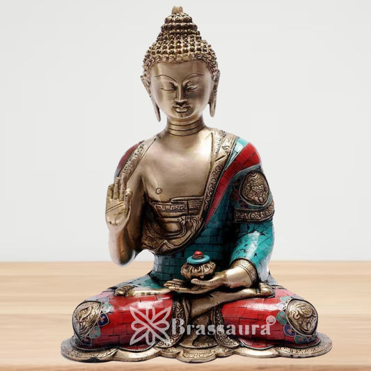 Brassaura® Gem Stone Work Buddha Idol for Home & Décor | Pure Superfine Brass Handcrafted Murti, Brass Statue for Home Temple, Pooja Room | Height 14 Inches | Weight 7 Kg