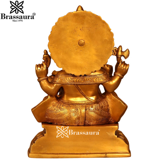 Brassaura® Golden Lord Ganesha Sitting on Sinhasan | Brass Idol | Height 12.2 Inches