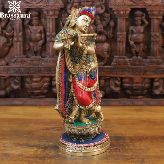 Brass Gem Stone Work Krishna Murti Weight 9.84 Kg And Height 18.5 Inch