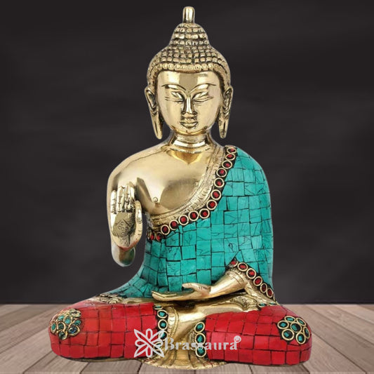 Brassaura® Buddha Seated Blessing Idol with Golden Brass And Multicolor Finish | Pure Superfine Brass Handcrafted Murti | Brass Statue for Home Temple, Pooja Room | Height 8 Inches | Weight 2 Kgs