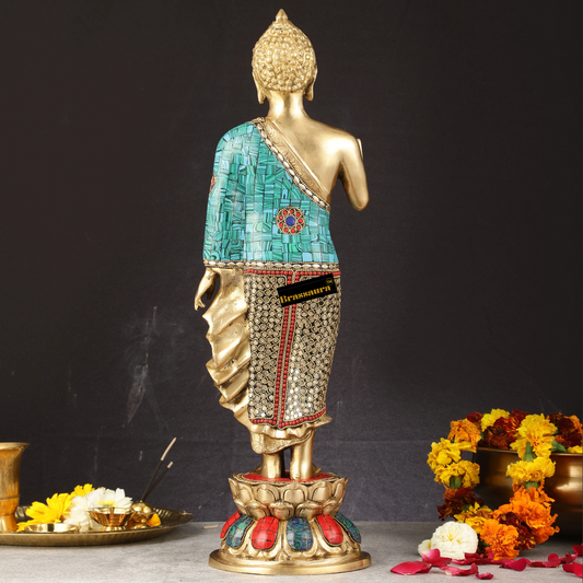 Brassaura™ Brass Standing Buddha Statue with Meenakari Stonework – Height 21.5 Inches, Weight 7.4 Kgs