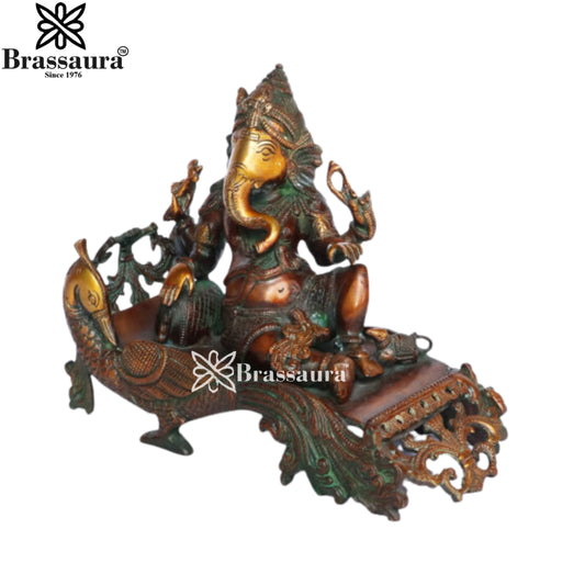 Brassaura® Ganesh on Peacock Singhasan Brass Statue | Pure Brass | Height 9 Inches