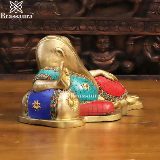 Brass Gem Stone Work Relaxing Ganesha Weight 3.3 Kg & Height 5.5 Inch