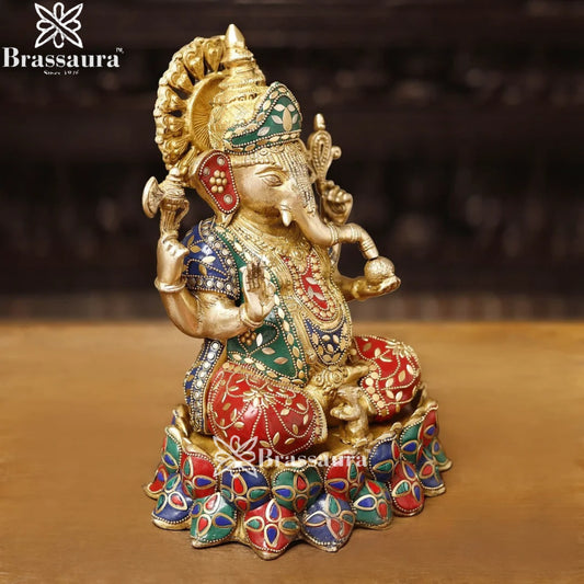 Brass Gem Stone Work Lotus Ganesha Weight 6.4 Kg & Height 12 Inch
