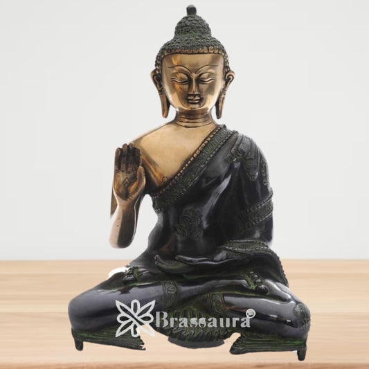 Brassaura® Brass Vintage Buddha Idol with Black Antique Finish – Pure Superfine Brass Handcrafted Murti, Brass Statue for Home Temple, Pooja Room – 11 Inch, 3.5 Kg