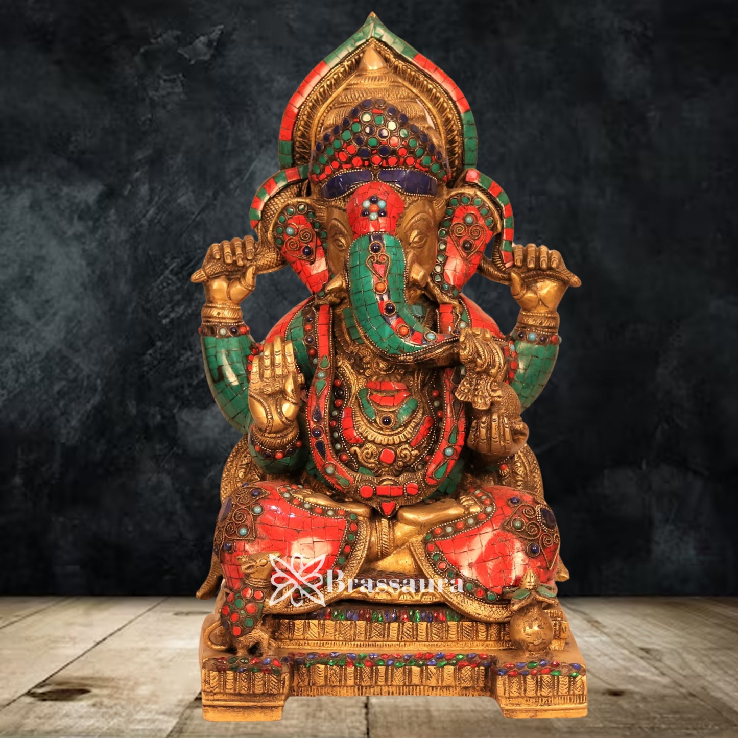 Brass Gem Stone Work Ganesha Statue Weight 16.9 Kg & Height 18 Inch