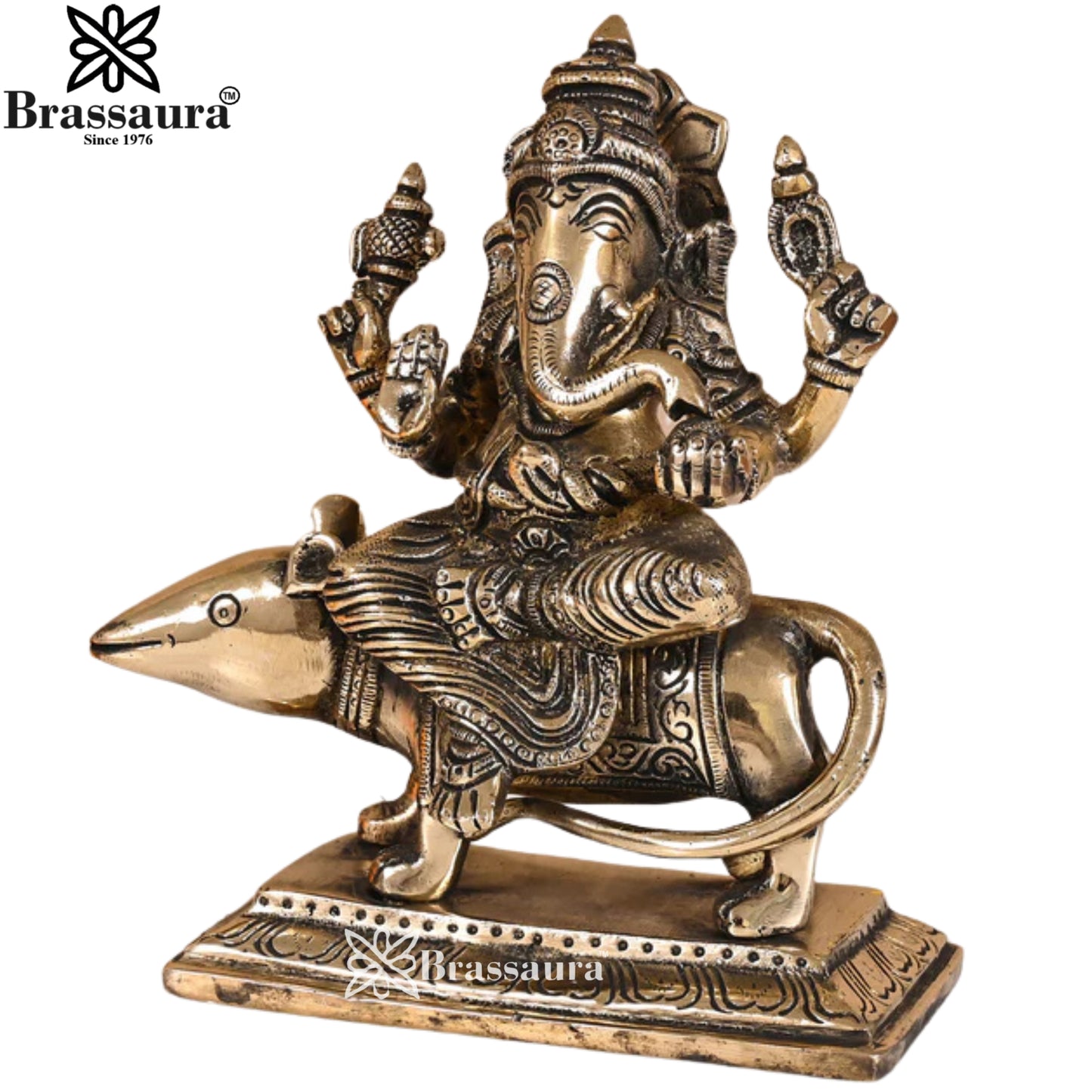 Brass Ganesha On Rat Statue Weight 2 Kg & Height 7 Inch