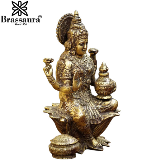 Brassaura™ Handcrafted Brass Laxmi Idol – Height 7 Inches & Weight 1.7 Kgs | Devotional Statue