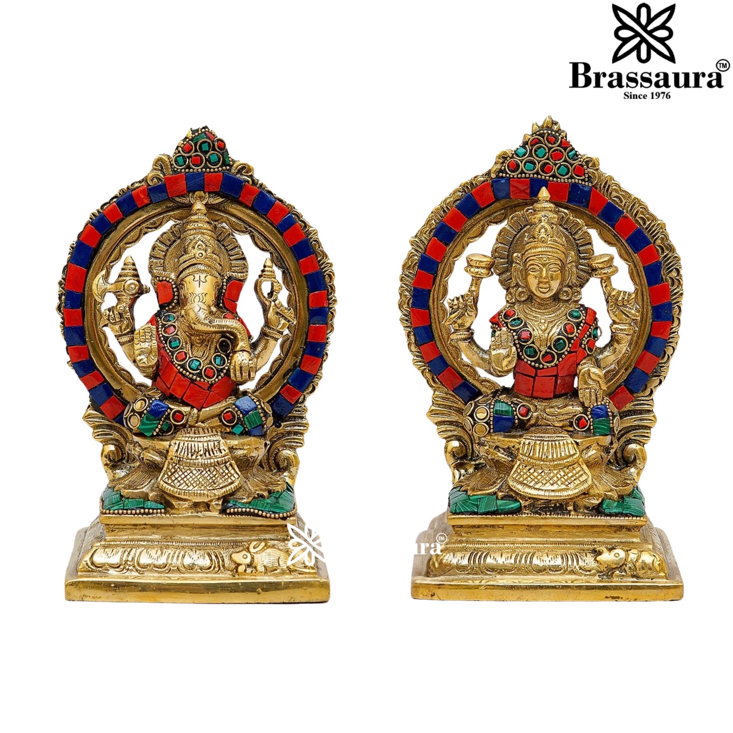 Brass Gem Stone Work Lakshmi Ganesh Weight 3.2 Kg & Height 7 Inch