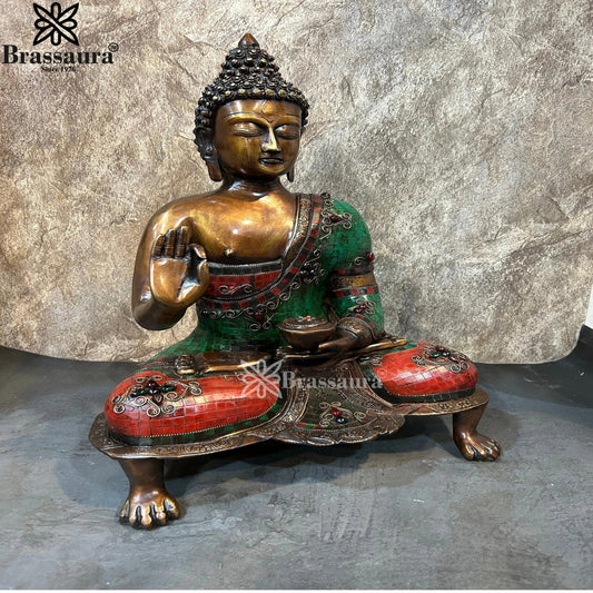 Brass Blessing Gem Stone Work Buddha Weight 11.8 kg & Height 20 Inch