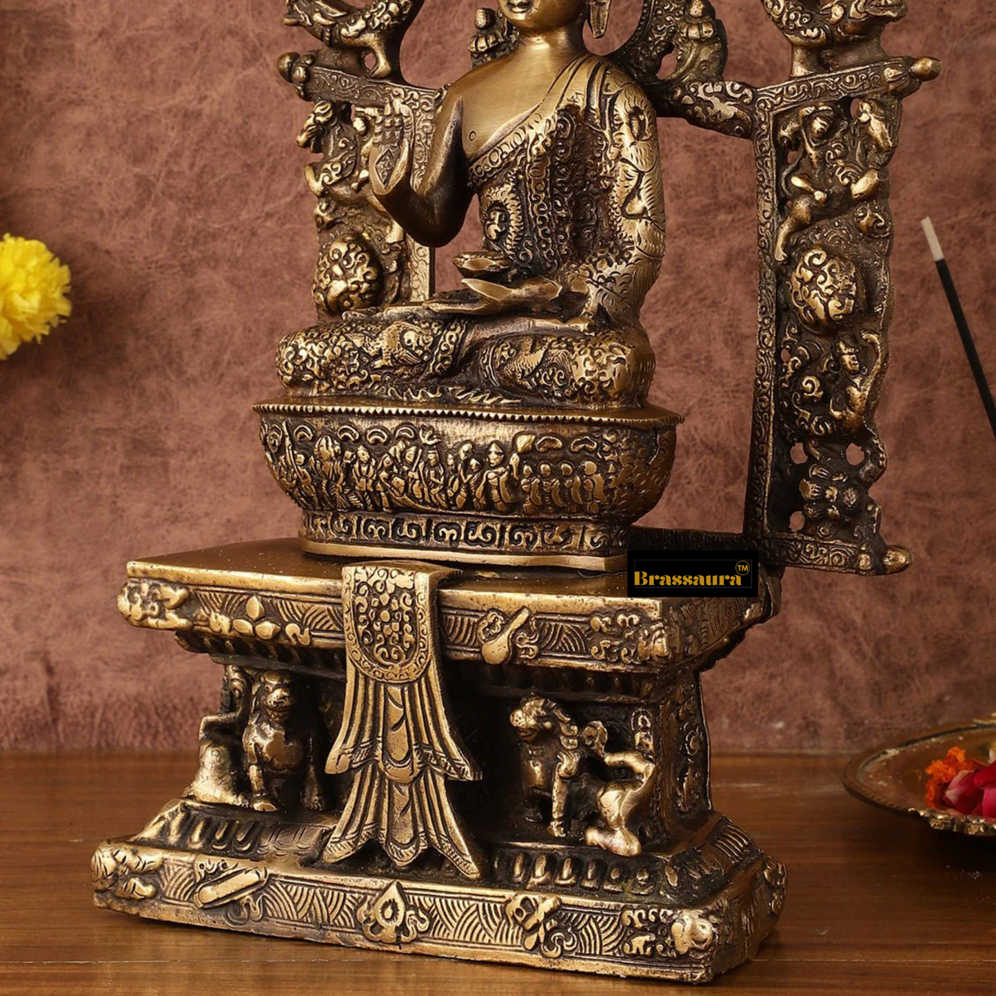 Brassaura™ Pure Brass Seated Buddha on Engraved Aasan and Arch – Height 16 Inches, Weight 6 Kgs