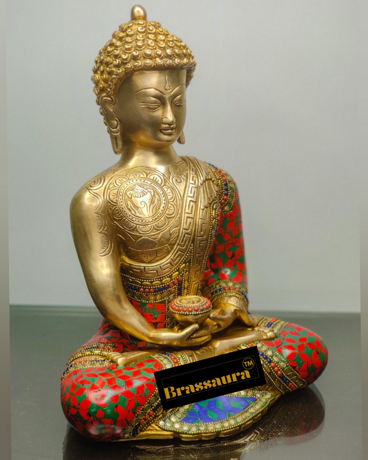 Brassaura™ Brass Meditating Buddha Statue in Dhyaan Mudra – Height 12 Inches | Weight 6.5 Kgs | Meenakari Stonework
