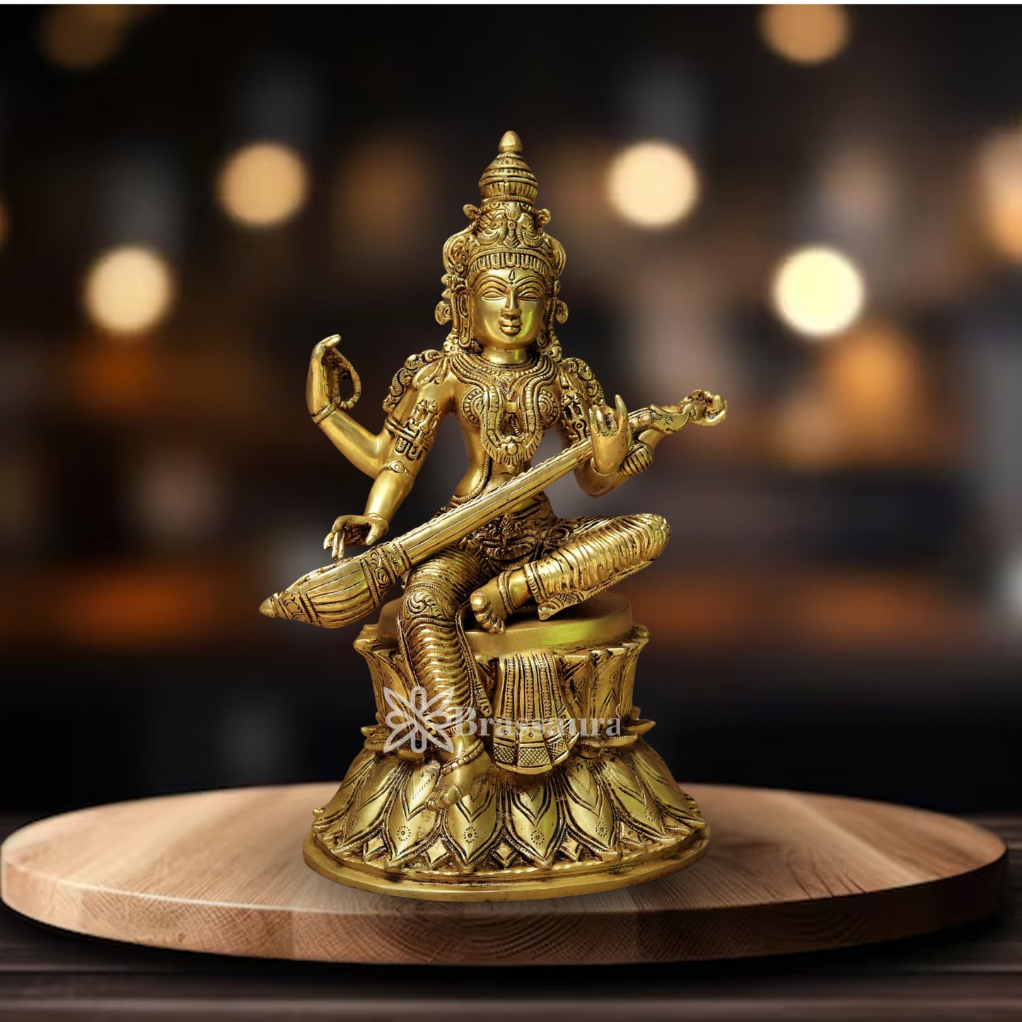 Brassaura™ Handcrafted Brass Saraswati Murti – Height 14.5 Inches & Weight 8.5 Kgs | Spiritual Home Décor