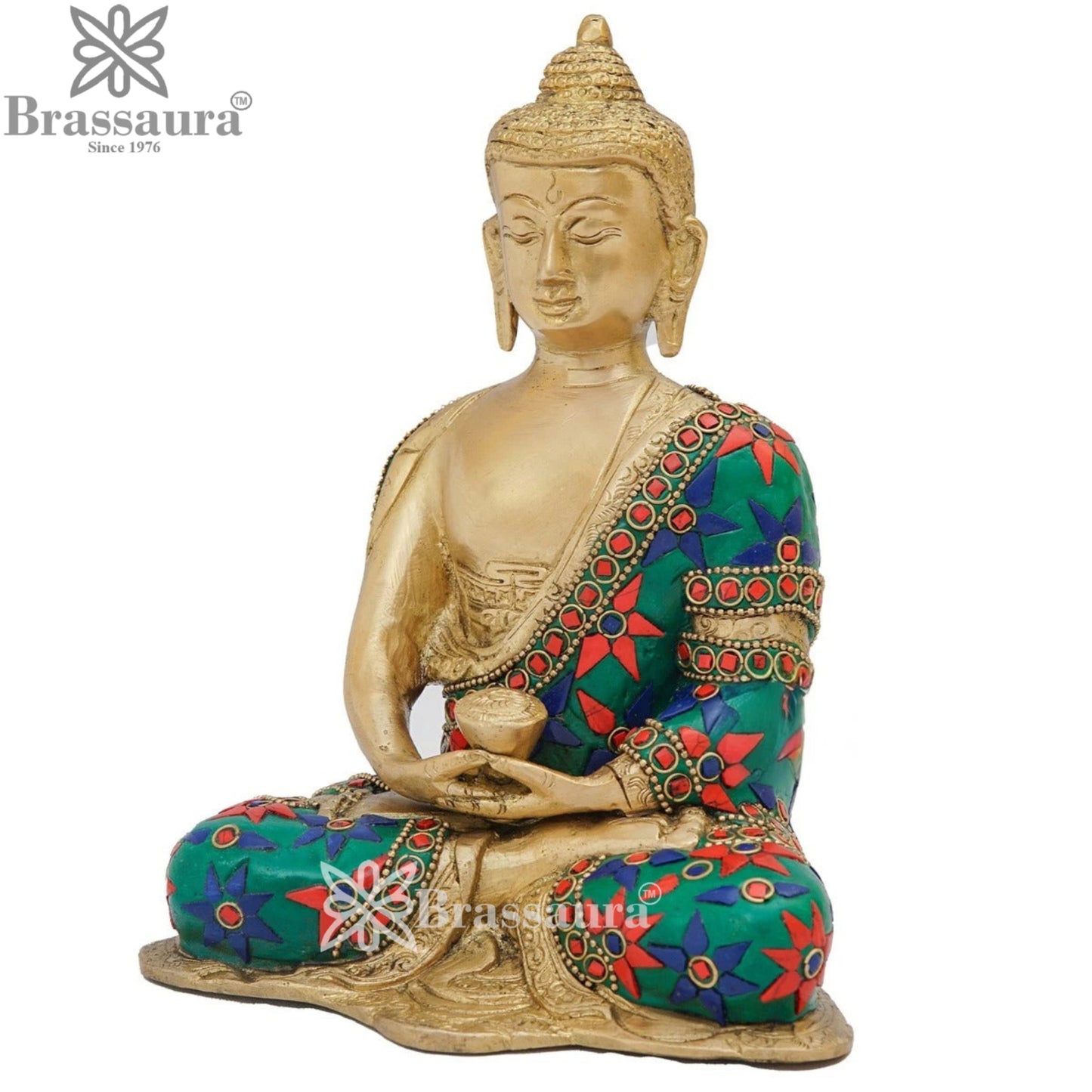 Brass Gem Stone Work Multicolored Buddha Weight 2.1 kg & Height 8 Inch