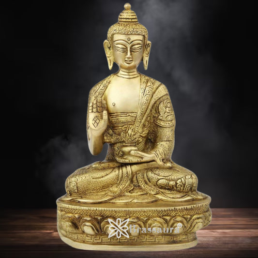 Brassaura® Buddha Statue – Artistic Royal Golden Finish | Pure Superfine Brass Handcrafted Murti | Brass Statue for Home Temple, Pooja Room | Height 9 Inch | Weight 1.8 Kg