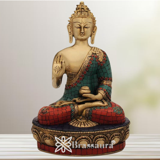 Brassaura® Vintage Buddha Idol for Home & Décor | Pure Superfine Brass Handcrafted Murti, Brass Statue for Home Temple, Pooja Room | Height 12 Inches | Weight 4 Kg