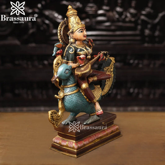 Brassaura™ Handcrafted Brass Saraswati Murti – 19 Inches Height & Weight 14.47 Kgs | Spiritual Home Décor