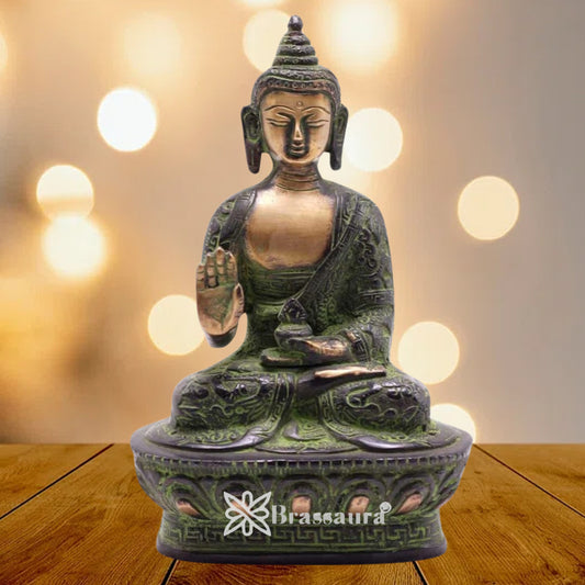 Brassaura® Buddha Sitting in Blessing Mudra Idol with Antique Green & Gold Finish and Base | Pure Superfine Brass Handcrafted Murti | Brass Statue for Home Temple, Pooja Room | Height 7 Inches | Weight 1 Kg