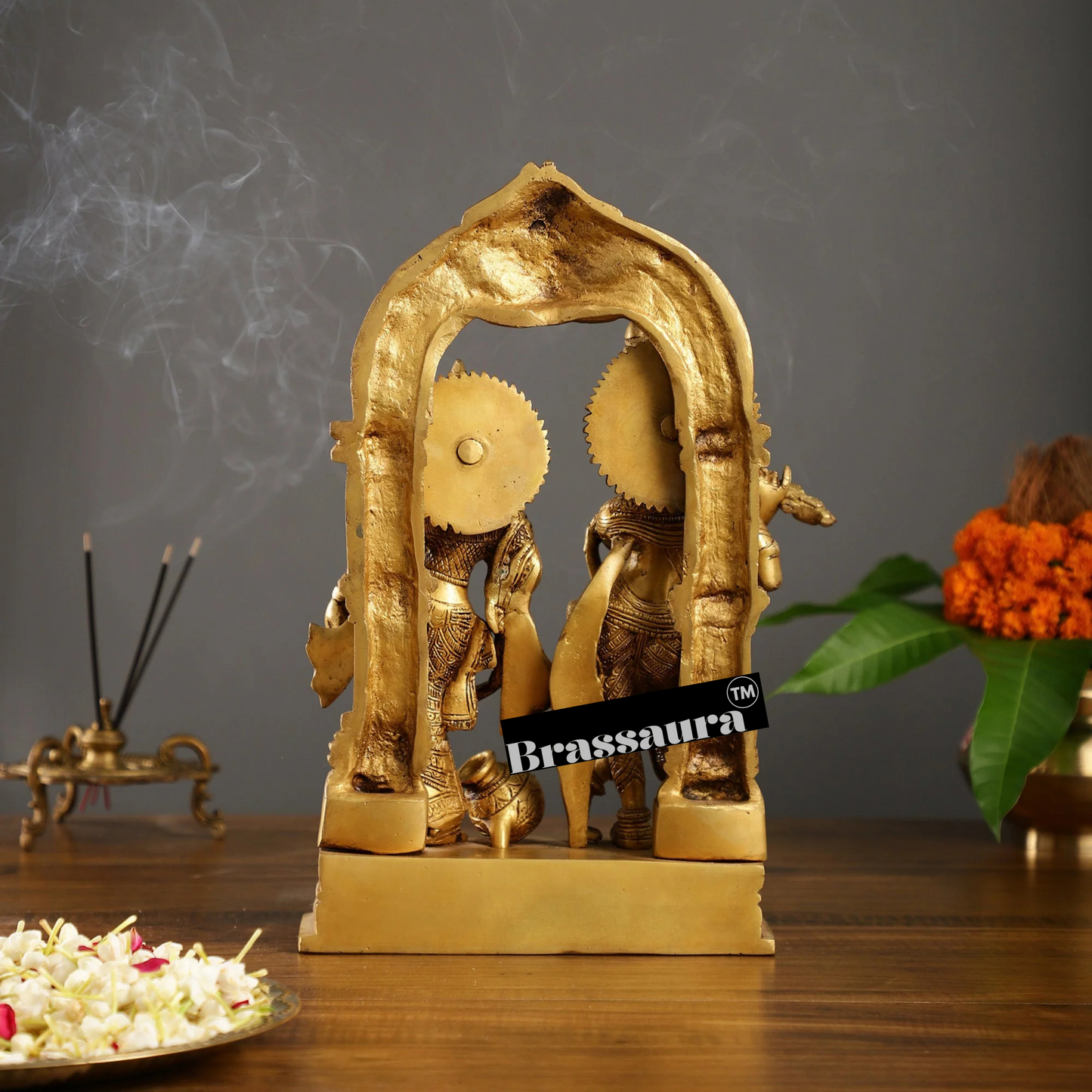 Brassaura™ Handcrafted Radha Krishna Brass Idol with Yali Prabhavali – 14 Inch Height, 7.5 Kg | Divine Flute & Butter Pot Detail