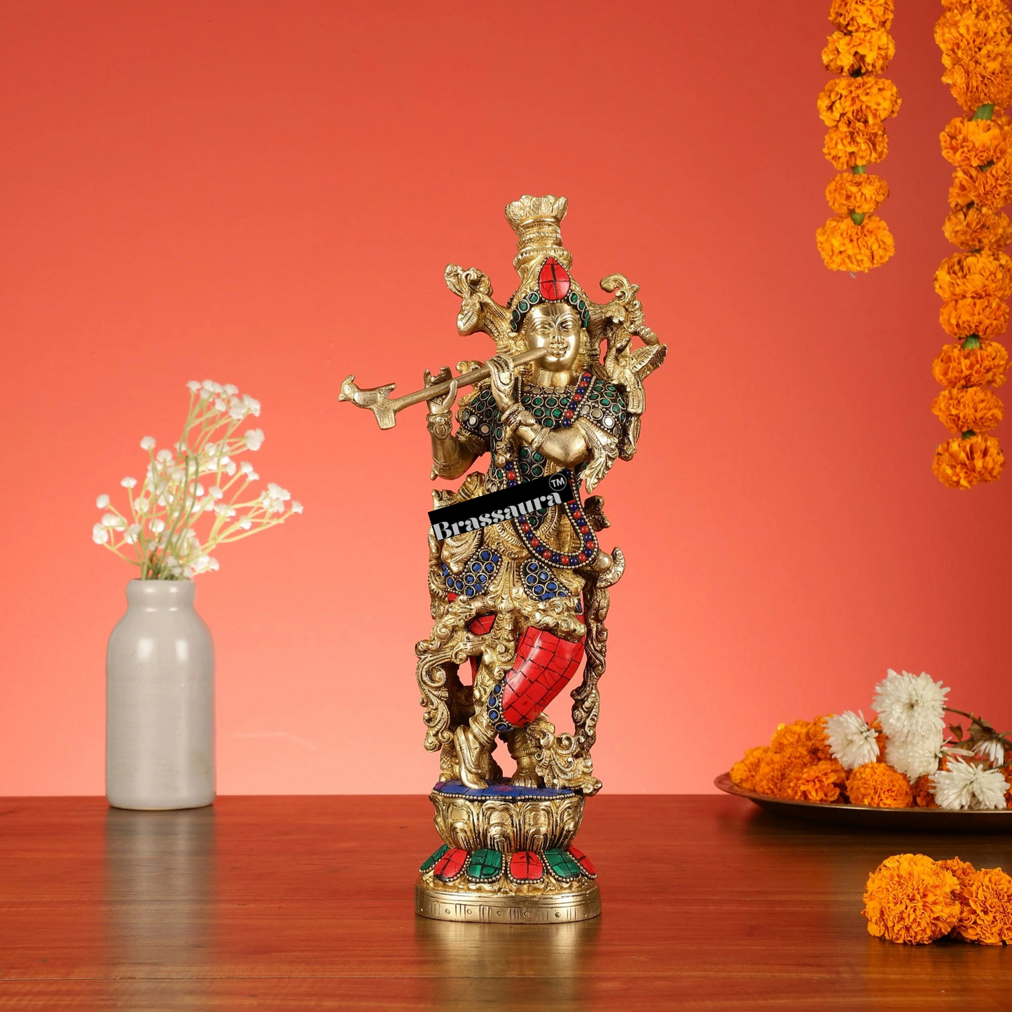 Brassaura™ Handcrafted Brass Radha Krishna Statue with Natural Stones – Height 14 Inches & Weight 8.5 Kgs | Elegant Devotional Idol