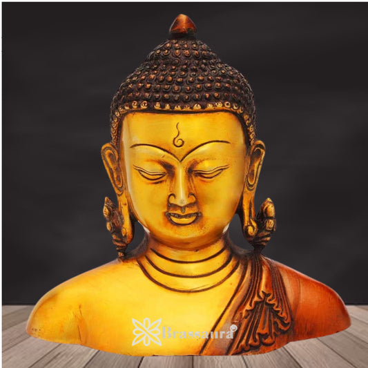 Brassaura® Buddha Bust Idol with Golden And Dark Brown Finish | Pure Superfine Brass Handcrafted Murti | Brass Statue for Home Temple, Pooja Room | Height 6 Inches | Weight 1.5 Kgs