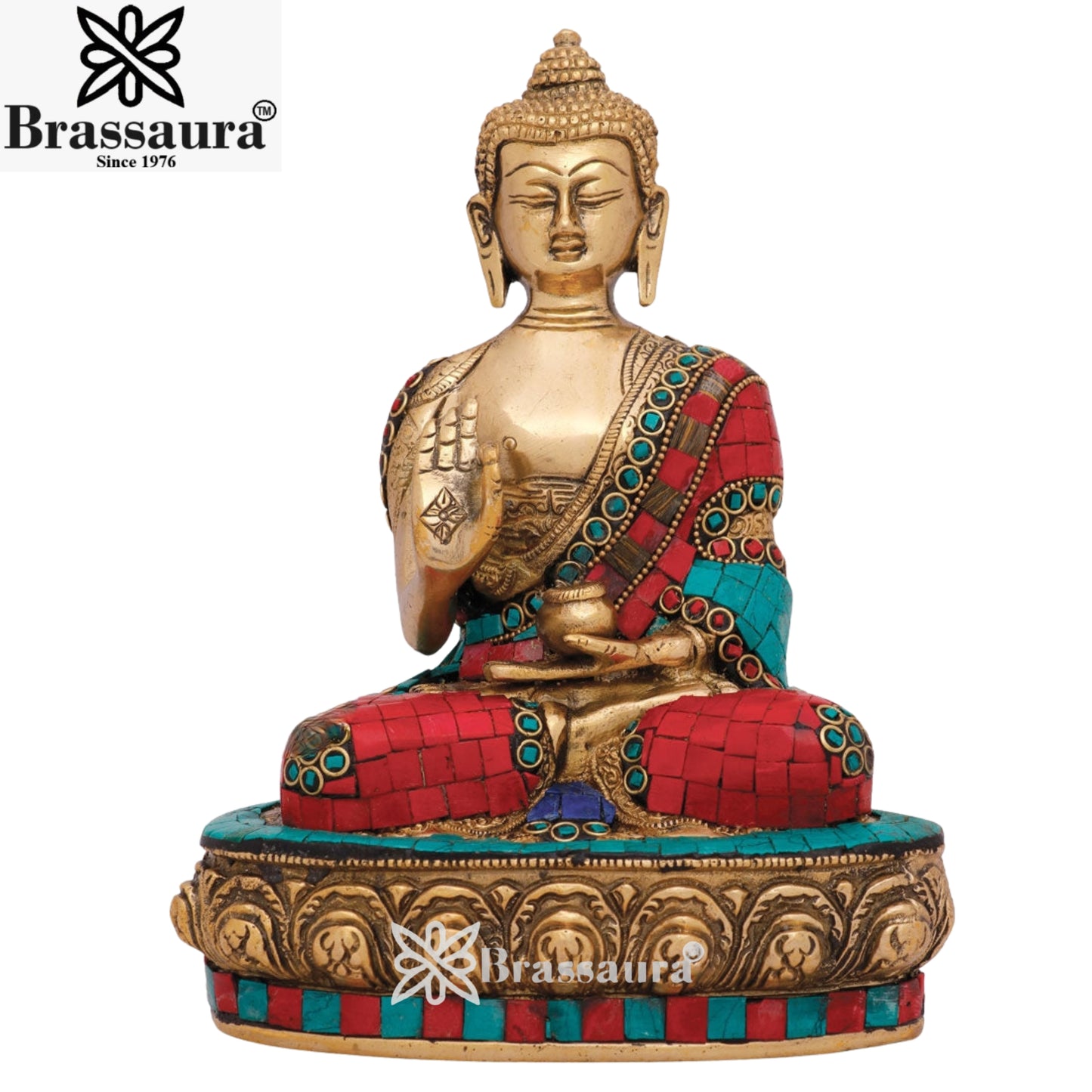 Brass Blessing Gem Stone Work Buddha Weight 3 kg & Height 9 Inch