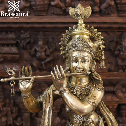 Brassaura® Lord Krishna Playing Flute Idol | Pure Superfine Brass Handcrafted Antique Gold Finish Murti | Premium Krishna Statue for Home Temple, Pooja Room & Spiritual Décor | Height 36.5 Inches | Weight 23.52 Kgs
