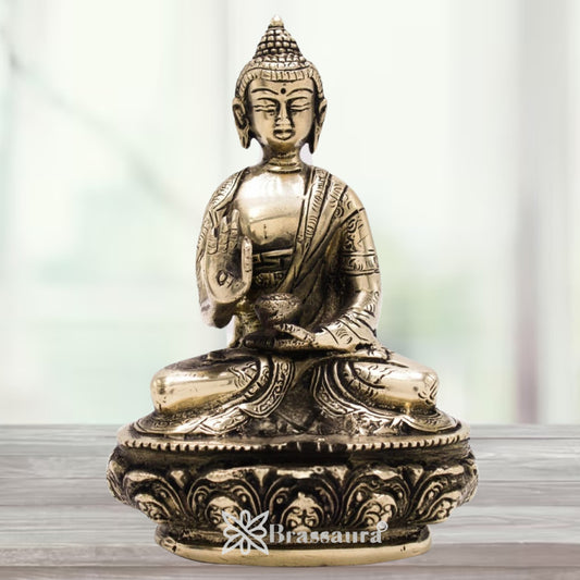 Brassaura® Buddha Blessing Idol with Polished Brass Finish | Pure Superfine Brass Handcrafted Murti | Brass Statue for Home Temple, Pooja Room | Height 5.5 Inches | Weight 0.9 Kgs
