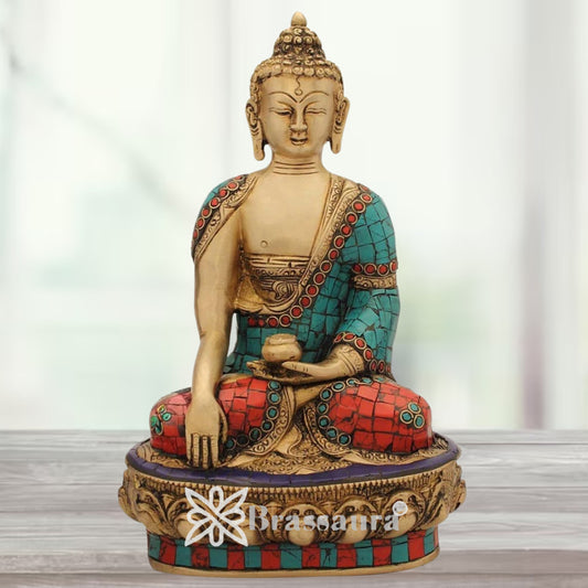 Brassaura® Artistic Gem Stone Work Buddha Idol for Home & Décor | Pure Superfine Brass Handcrafted Murti, Brass Statue for Home Temple, Pooja Room | Height 10 Inches | Weight 3.2
