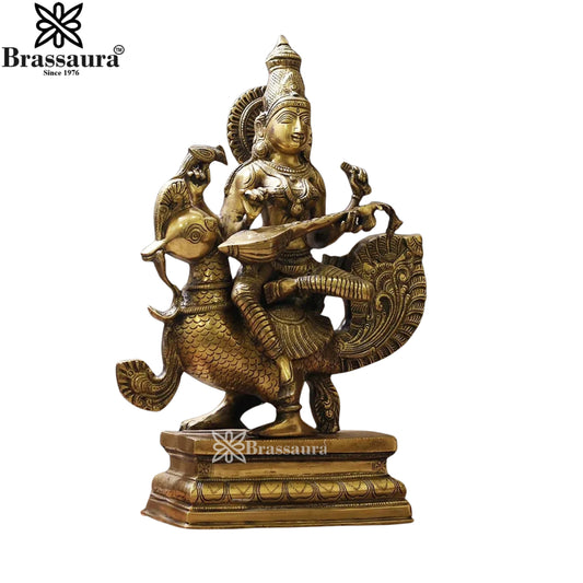 Brassaura™ Brass Saraswati Mata Murti – Height 19 Inches & Weight 15 Kgs | Puja & Worship Idol
