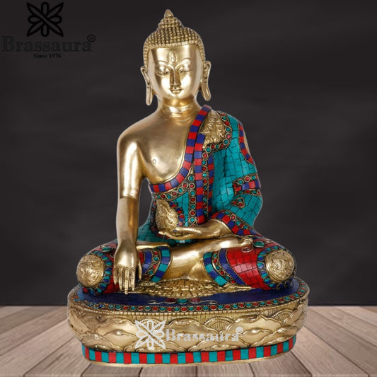 Brassaura® Buddha Bhumisparsha Mudra Sitting Idol with Gem Stone Work Finish and Base | Pure Superfine Brass Handcrafted Murti | Brass Statue for Home Temple, Pooja Room | Height 15 Inches | Weight 10 Kgs