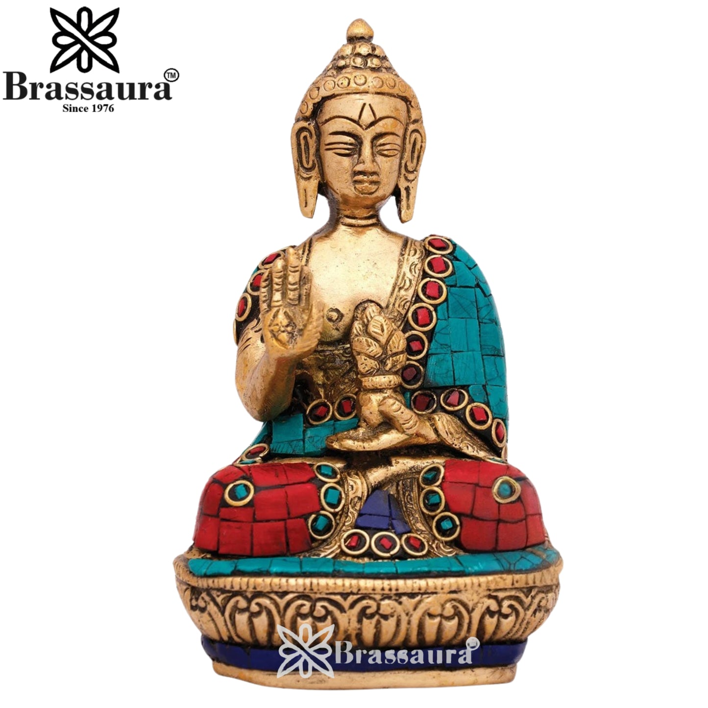 Brass Blessing Gem Stone Work Buddha Weight 0.9 kg & Height 5 Inch