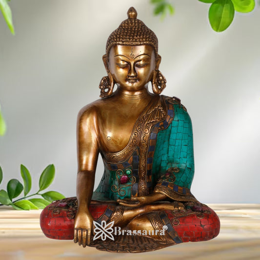 Brassaura® Buddha Seated Bhumisparsha Mudra Idol with Golden And Multicolor Finish | Pure Superfine Brass Handcrafted Murti | Brass Statue for Home Temple, Pooja Room | Height 12 Inches | Weight 6.5 Kgs