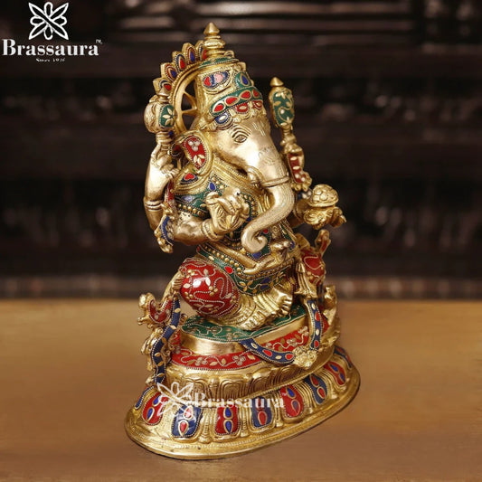 Brass Gem Stone Work Ganesha Weight 11.4 Kg & Height 15 Inch