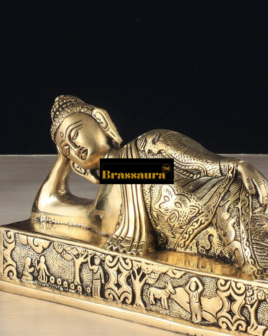 Brassaura™ Pure Brass Resting Buddha Idol – Height 4.6 Inches, Weight 2.55 Kgs
