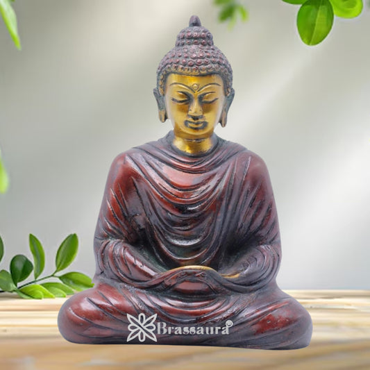 Brassaura® Buddha Seated Meditation Idol with Red And Golden Finish | Pure Superfine Brass Handcrafted Murti | Brass Statue for Home Temple, Pooja Room | Height 7 Inches | Weight 1.9 Kgs
