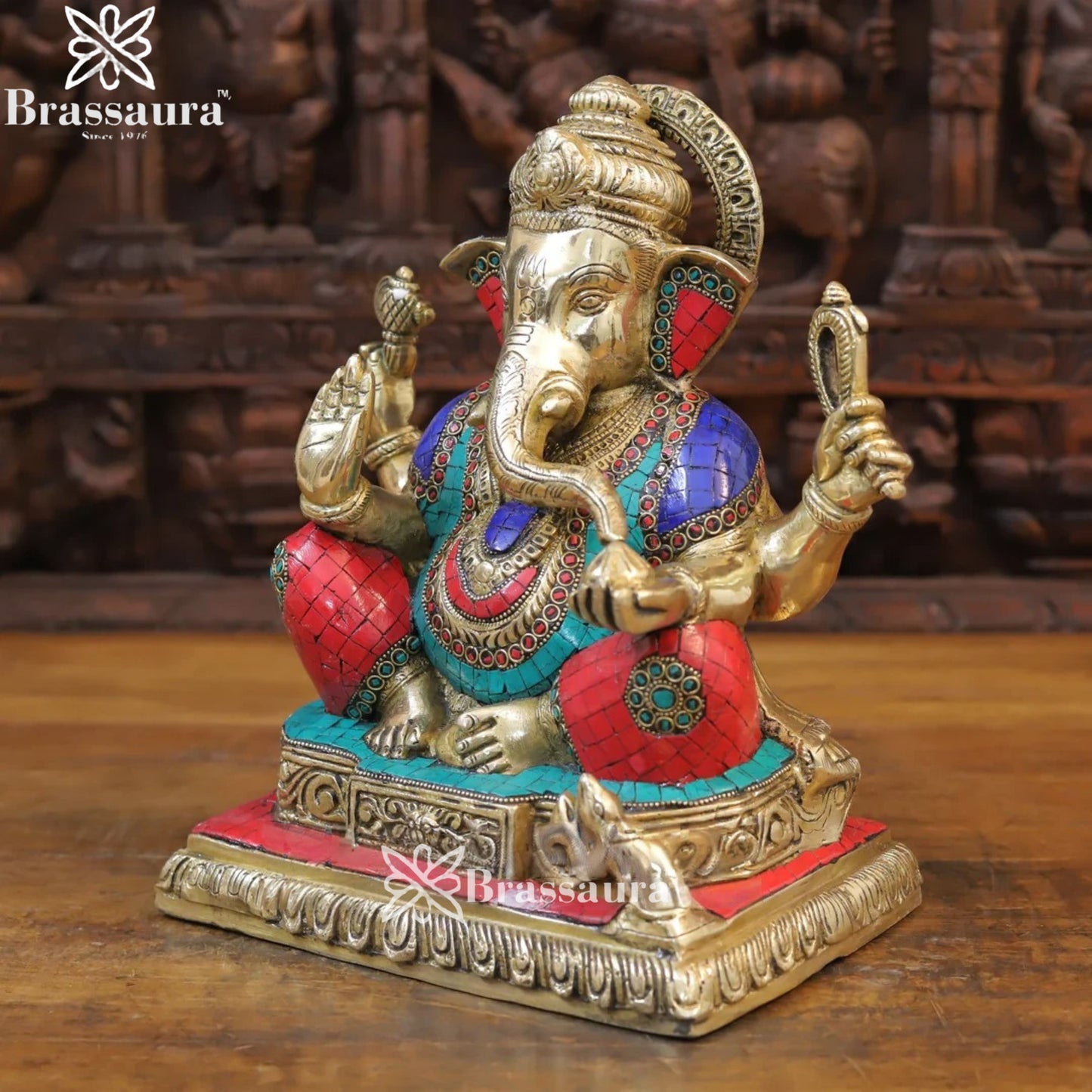 Brass Gem Stone Work Ganesha Weight 9.5 Kg & Height 12.5 Inch