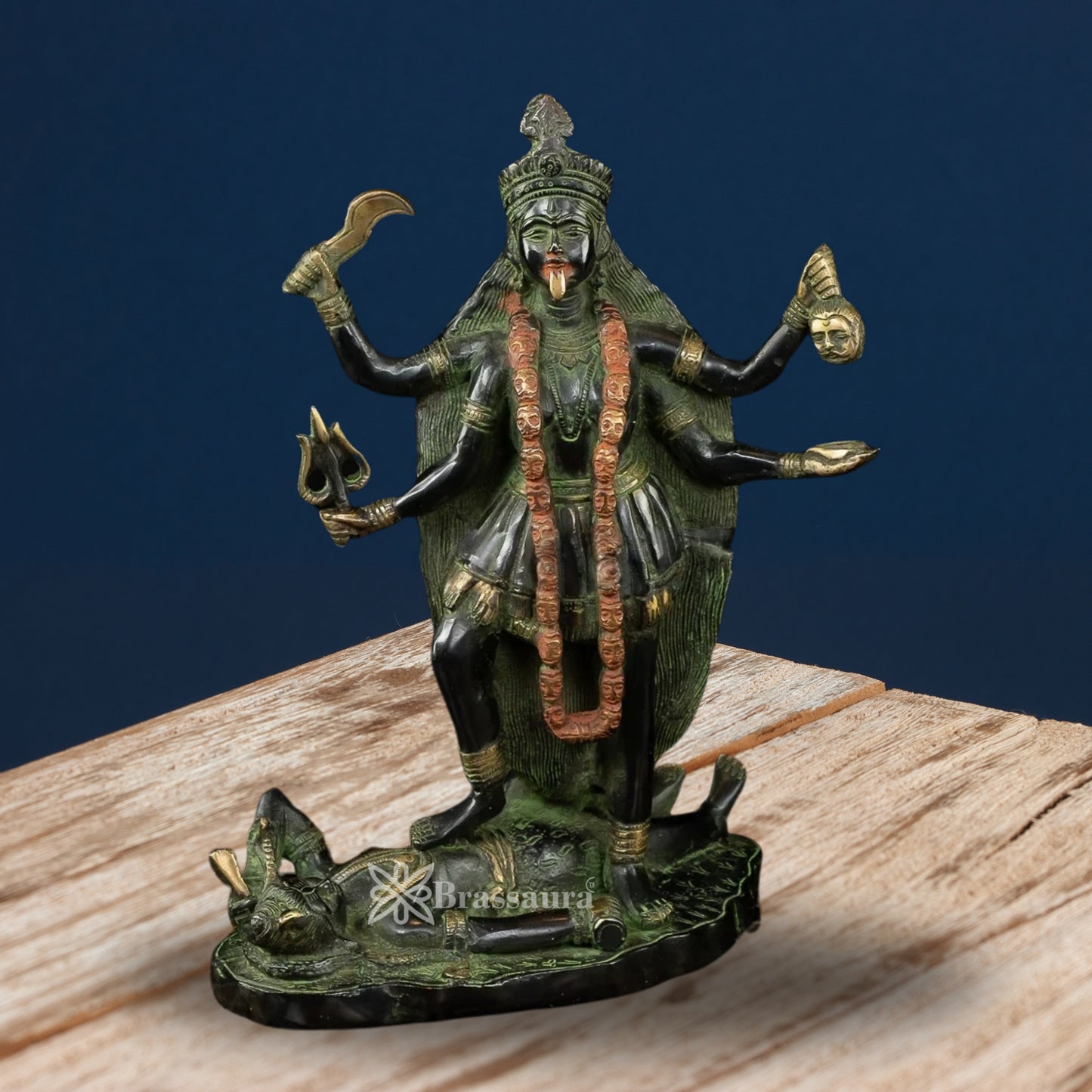 Brassaura™ Traditional Brass Green Patina Kali Maa Idol – Height 14 Inches & Weight 6.4 Kgs | Puja & Temple Statue