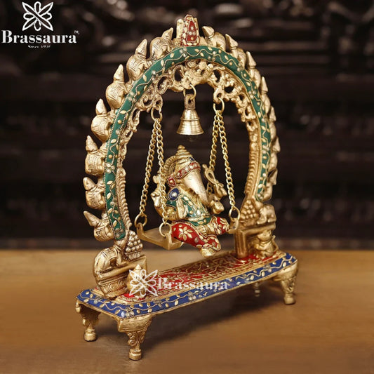 Brass Gem Stone Work Ganesha Jhula Weight 5.3 Kg & Height 15 Inch