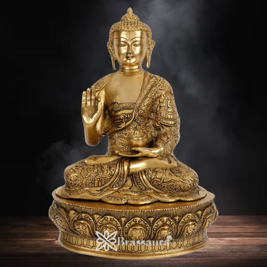 Brassaura® Buddha Seated Blessing Idol with Golden Brass Finish | Pure Superfine Brass Handcrafted Murti | Brass Statue for Home Temple, Pooja Room | Height 15 Inches | Weight 7.3 Kgs