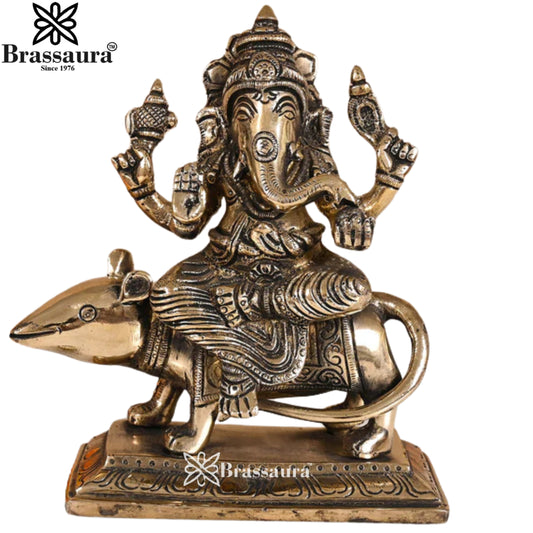 Brass Ganesha On Rat Statue Weight 2 Kg & Height 7 Inch