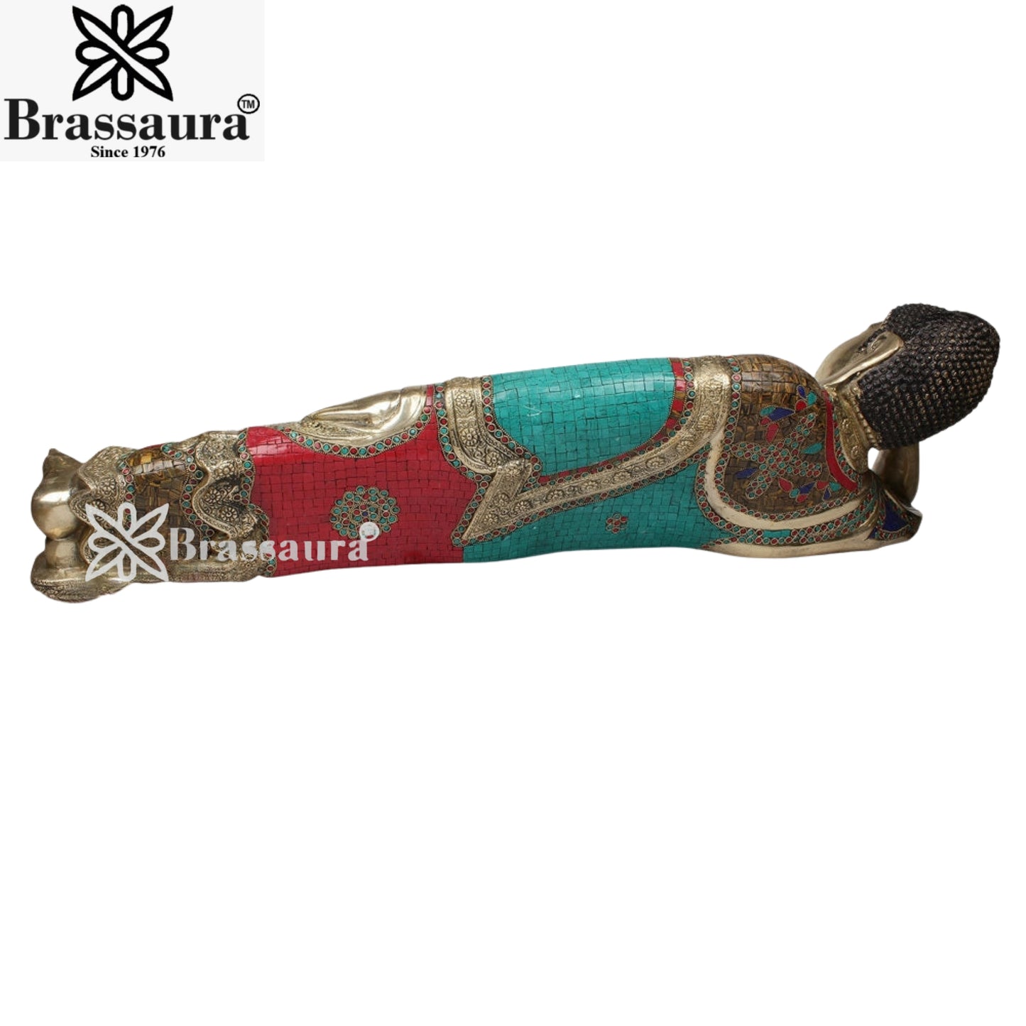 Brass Sleeping Gem Stone Work Buddha Weight 27 kg & Height 12 Inch