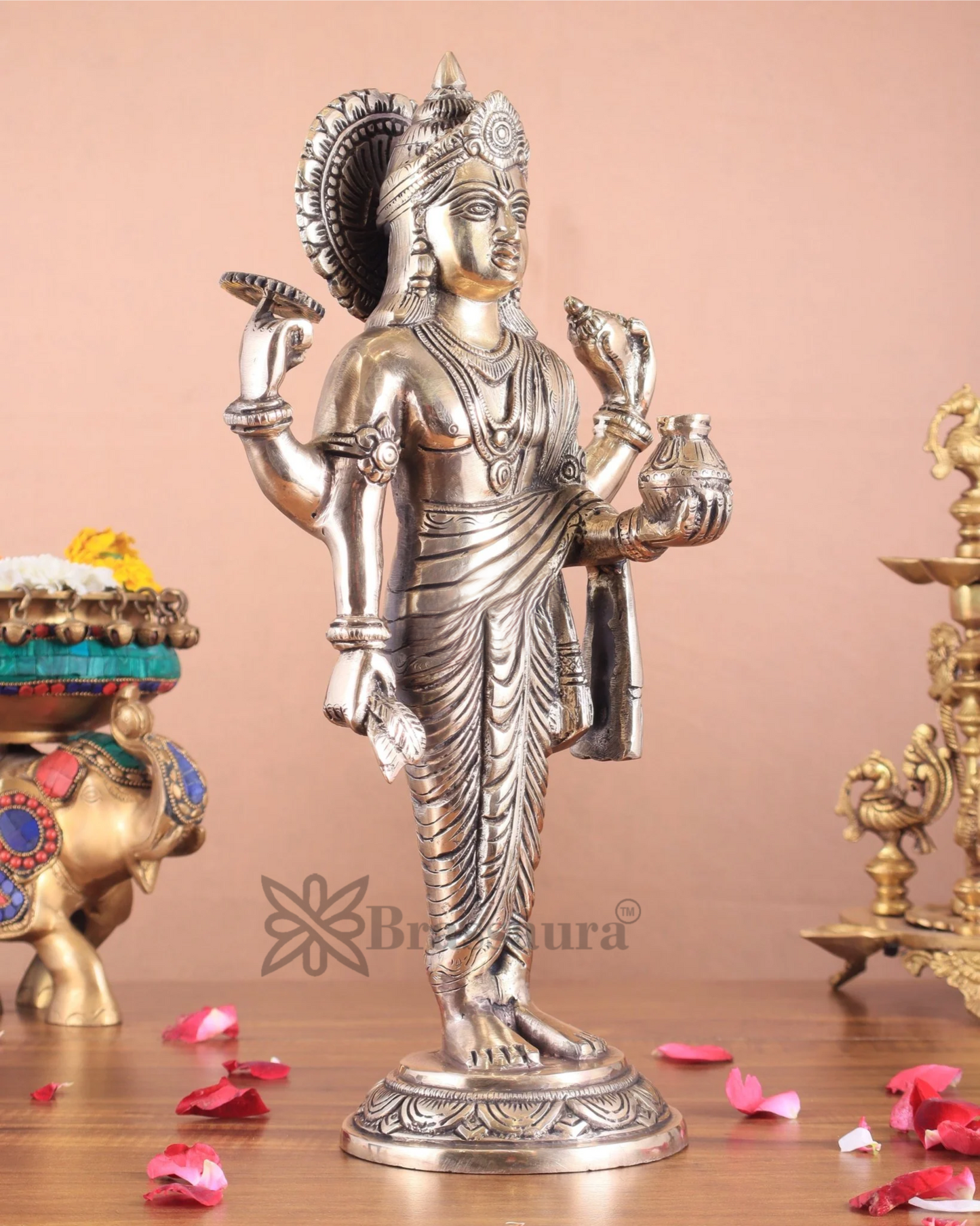 Brassaura™ Handcrafted Pure Brass Lord Dhanvantari Idol | 15 Inch Height | 4.16 KG Weight | Natural Brass Finish