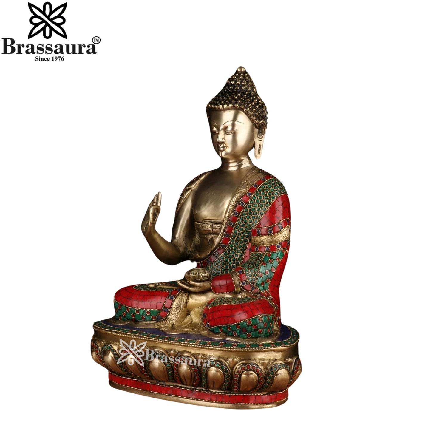 Brass Blessing Gem Stone Work Buddha Weight 11.2 kg & Height 17 Inch