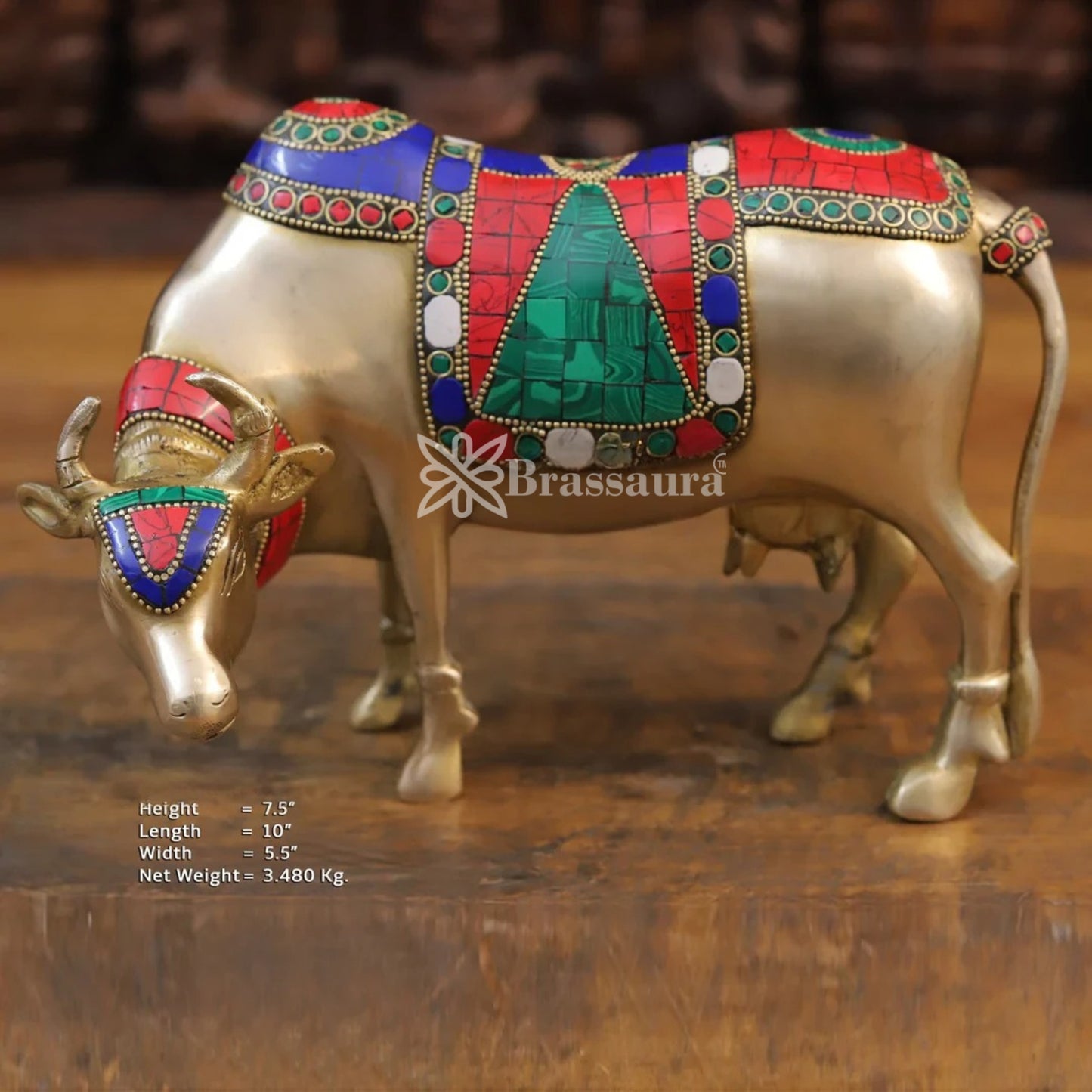 Brass Gem Stone Work Cow Statue Weight 3.48 Kg And Height 7.5 Inch